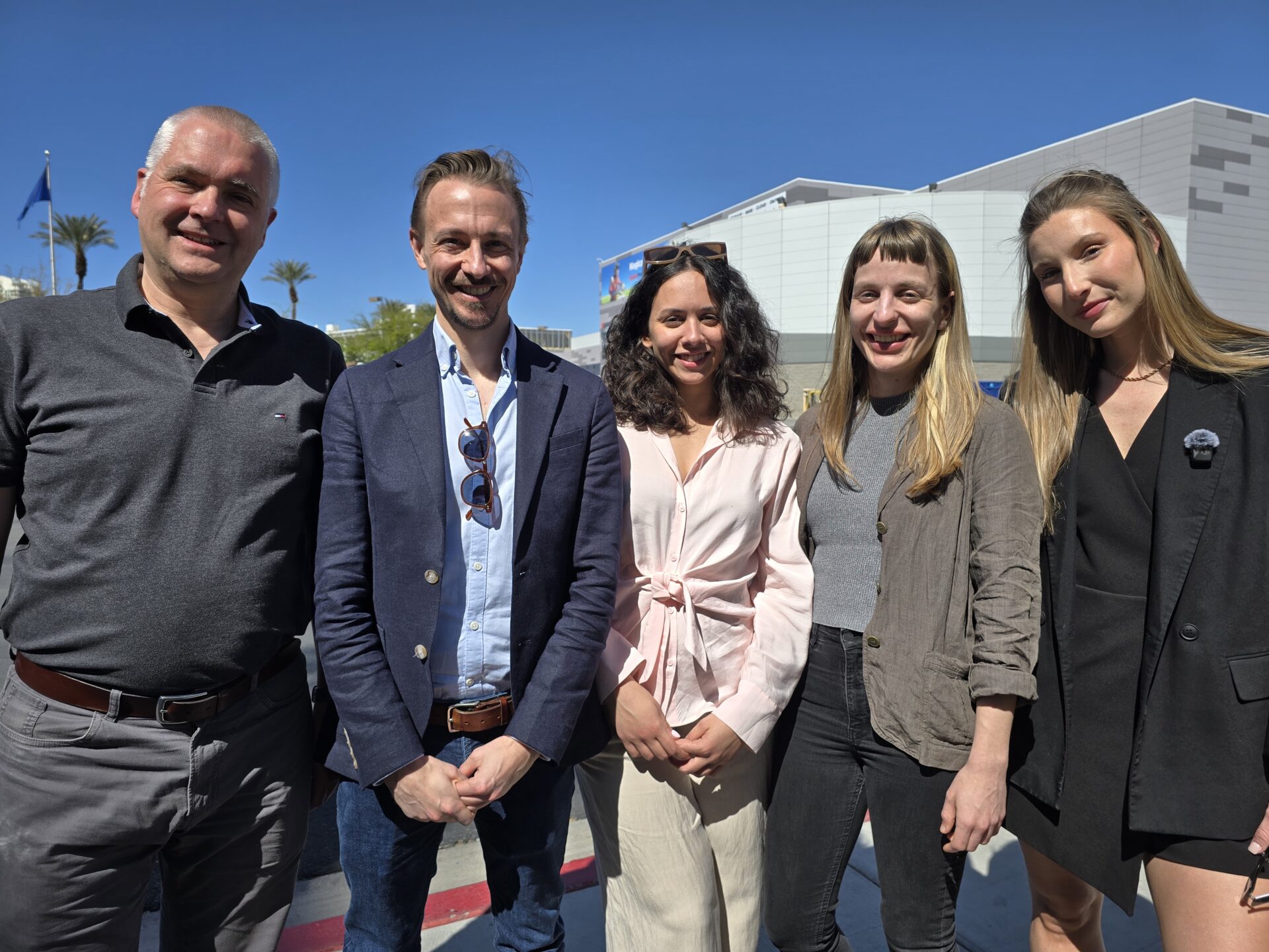 A photo of the Caretta Research team, including Robert Ambrose, Dan Simmons, Angeliki Megariti, Artemis Oikonomou and Rebecca Jackson at the NAB Show 2025 in Las Vegas.